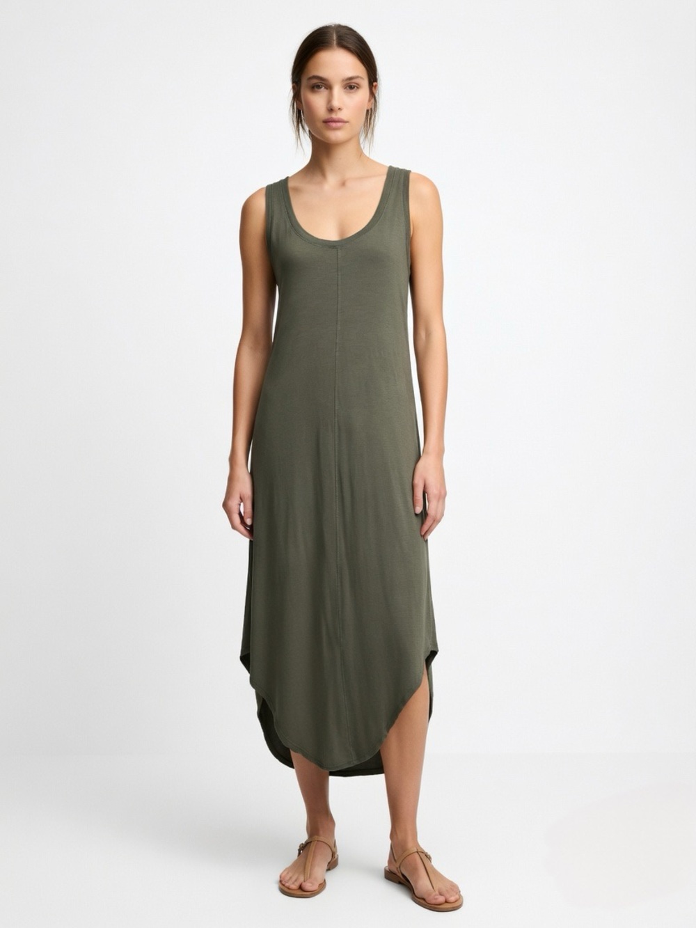 GAP Olive Cotton Scoop Neck High-Low MIDI Tank Dress